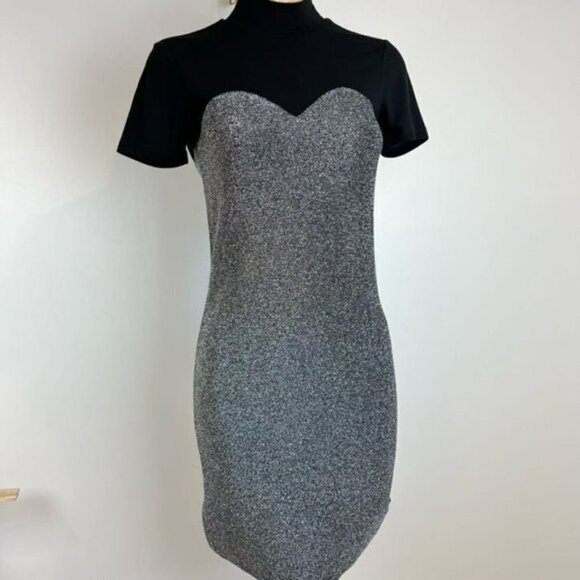 NWT Noisy May Finity Short Dress Metallic Silver & Black Fitted Short Sleeves S - Picture 2 of 14